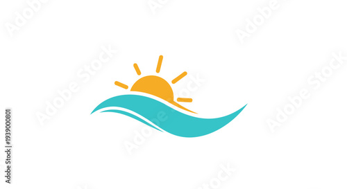 Stylized illustration of a sun rising over the ocean waves.