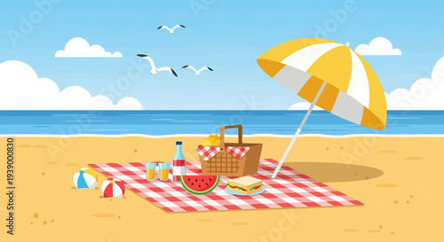 A serene beach scene with a picnic setup and umbrella on a sandy shore.