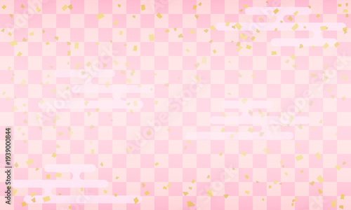 春の和風背景　桜色の市松模様と霞、金箔が舞う伝統的な幾何学パターンの壁紙