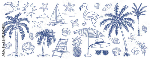 Summer Beach Doodle Vector Set with Coastal Vacation Drawings, Hand Drawn Palm Trees, Sun, Boat, Seashells and Ocean Elements – Cute Tropical Holiday Illustration for Graphic Backgrounds, Posters and 