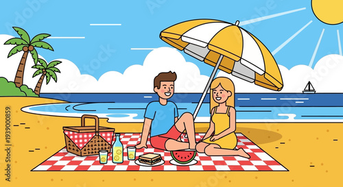 Couple enjoying a romantic beach picnic on a sunny day.