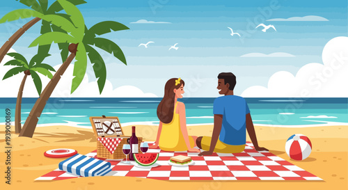 Couple having a romantic picnic on a sunny beach with palm trees.