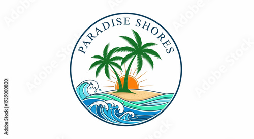 Tropical beach scene with palm trees and waves in a circular logo design.