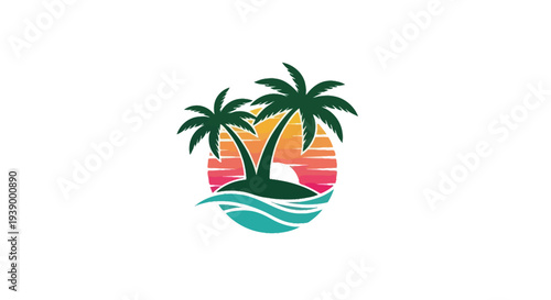 Tropical island paradise with palm trees and sunset.