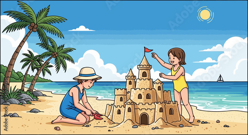Two children building a sandcastle on a sunny beach with palm trees.