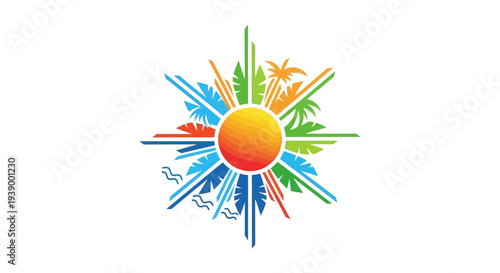 Vibrant sunburst logo with colorful rays and abstract shapes.