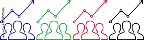 Team growth and progress depicted with upward trending graphs and figures in blue, green, red and black