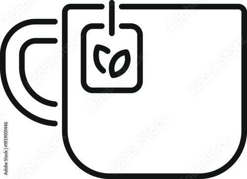 Line art icon showing a simple teacup with a hanging teabag