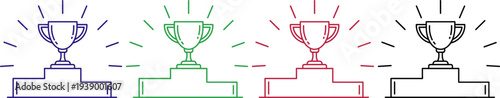 Trophy icons on podiums symbolizing victory achievement competition win success in multiple colors
