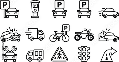 Vector Traffic Icon Set Featuring Black Line Art Of Car Parking, Accidents, Delivery Truck, Motorcycle, Pedestrian Crossing, Traffic Light, And Repair