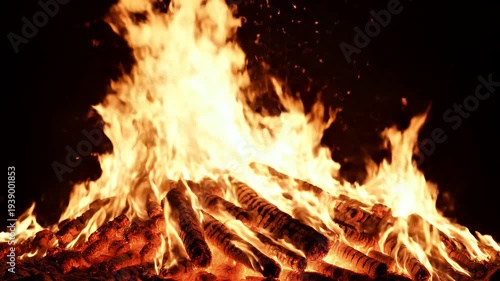 A close-up of a vibrant bonfire, flames billowing above burning logs against a dark backdrop