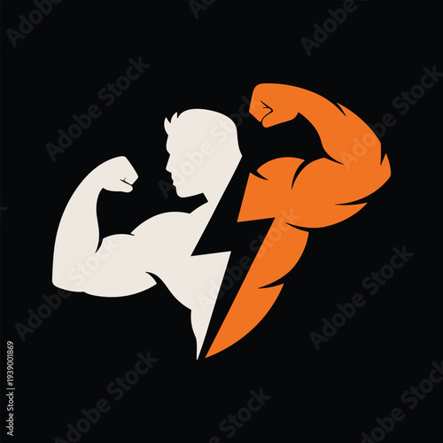 Split bodybuilder silhouette with lightning bolt muscle symbol
