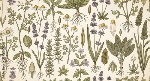 Vintage Botanical Herbs Seamless Pattern - Medicinal Plants Illustration Background