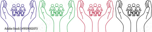 Family icons blue green red black in hands for design illustration isolated on transparent background