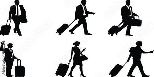 Silhouettes of business people with luggage walking and standing woman