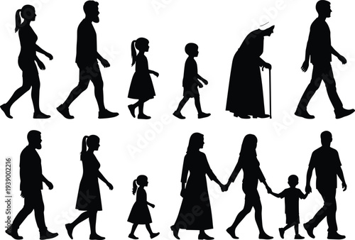 Walking people silhouettes, diverse ages illustration, children adults elderly, family companionship design, human life stages, black silhouette artwork, social interaction concept