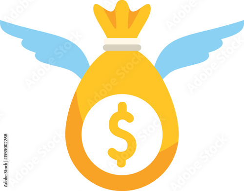 Money bag with wings representing financial loss or rapidly decreasing wealth