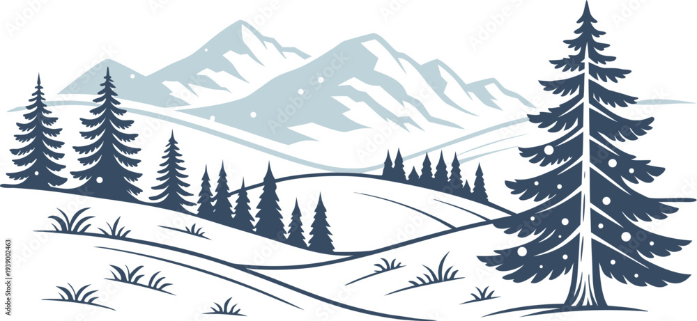 Fototapeta premium Winter landscape vector illustration with snow-covered mountains and evergreen pine trees