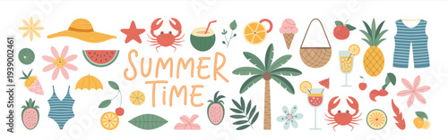 Summer Vacation Doodle Illustration Set with Cute Beach and Sea Travel Elements, Hand Drawn Palm Tree, Tropical Fruits, Lobster, Seafood, Seashell, Bikini, Umbrella and Cocktail – Coastal Collection f