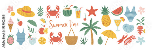 Summer Vacation Doodle Illustration Set with Cute Beach and Sea Travel Elements, Hand Drawn Palm Tree, Tropical Fruits, Lobster, Seafood, Seashell, Bikini, Umbrella and Cocktail – Coastal Collection f