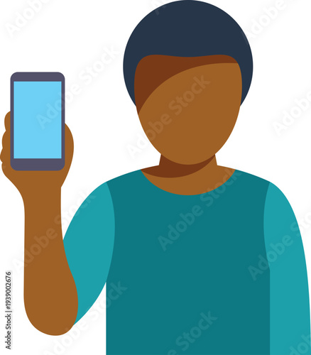 Dark skinned person holding a mobile phone with a blank screen on a white background