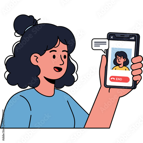 Video Call Moment: A woman holds up a smartphone, video calling a friend to create a modern and tech-savvy connection. The image encapsulates digital communication.