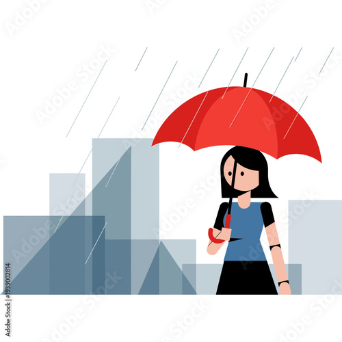 Urban Shelter: A solitary figure, sheltered beneath a vibrant red umbrella, navigates a cityscape amidst a gentle drizzle, embodying resilience and urban tranquility.