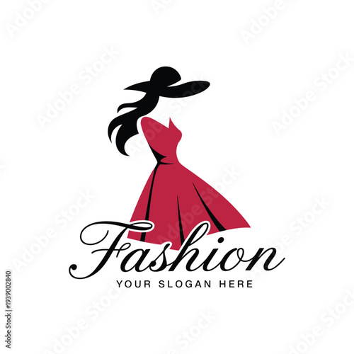 Elegant fashion logo with woman in red dress and black hair