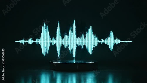 Futuristic Voice Tech Concept Glowing Cyan Holographic Sound Waveform Projected on Metallic Base