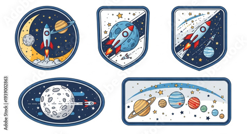 Space exploration patches with rockets planets and stars.