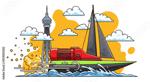 Vibrant speedboat racing past iconic tower with dynamic clouds and sunny sky