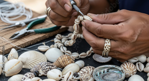 Hands Crafting Seashell Jewelry with Pliers.