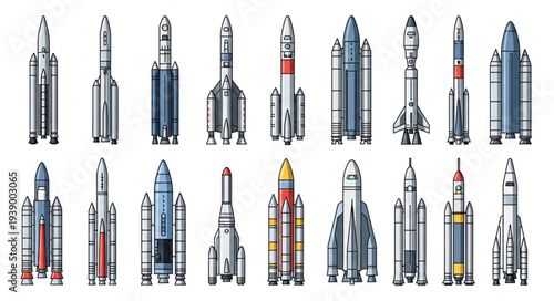 Collection of diverse rocket ship illustrations in a grid pattern.