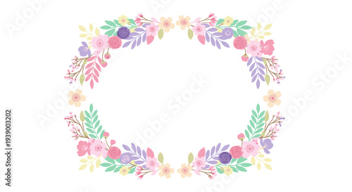 Watercolor floral wreath frame with pastel flowers and leaves.