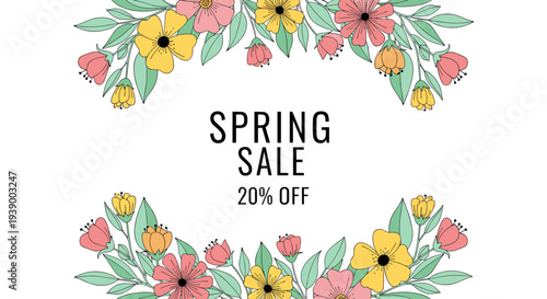 Spring Sale Banner with Floral Decorations and Discount Offer.