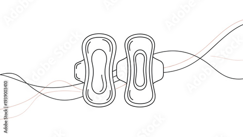Two thin sanitary pads with wings for menstrual protection shown in a simple outline illustration with abstract flowing lines.