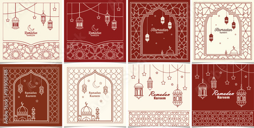 Ramadan kareem vector illustration greeting cards with arabic lanterns and islamic elements