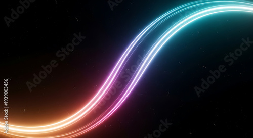 Curved neon light streaks glowing across dark cosmic background creating vibrant futuristic motion and digital energy flow