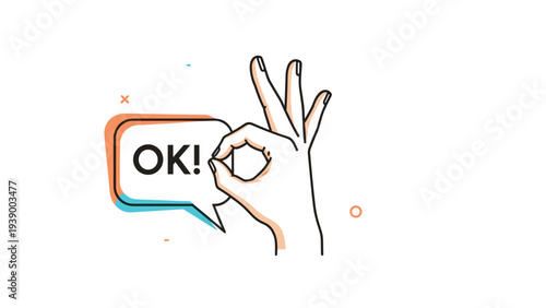 Hand making the okay sign gesture next to a speech bubble containing the word OK on a decorative colorful background.