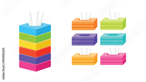 Stack of multicolored square tissue boxes and several individual boxes in different colors with white tissues on top.