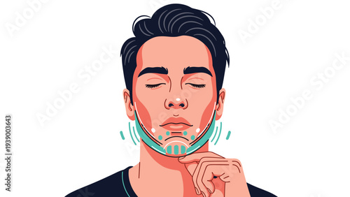 Illustration of a man with eyes closed performing a facial exercise or massage technique to firm the chin and jawline.