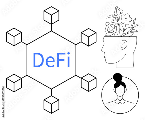 Blockchain-connected nodes with DeFi, outline of a head with growing flowers, and a minimalist profile. Ideal for finance, innovation, decentralization, growth, creativity, blockchain future tech