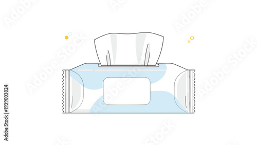 Flexible soft pack of wet wipes with a sticker opening and one wipe visible for cleaning and sanitizing use everywhere.