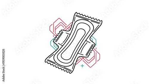 Outline illustration of a thin sanitary pad with wings shown on a decorative geometric background for hygiene concepts.