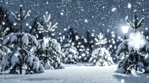 A snowy winter scene shows trees covered in snow with falling snowflakes and bokeh lights