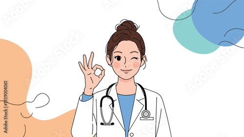 Friendly female doctor with a stethoscope winking and showing the okay hand gesture on a colorful abstract background.