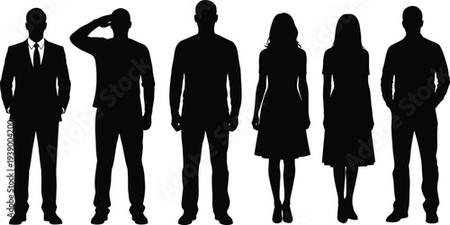 Silhouettes of diverse people, business attire, military salute, casual stance, men and women icons, posture illustration, group representation, professions