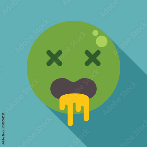Green emoji face with cross eyes and yellow vomit symbolizing illness and poor health