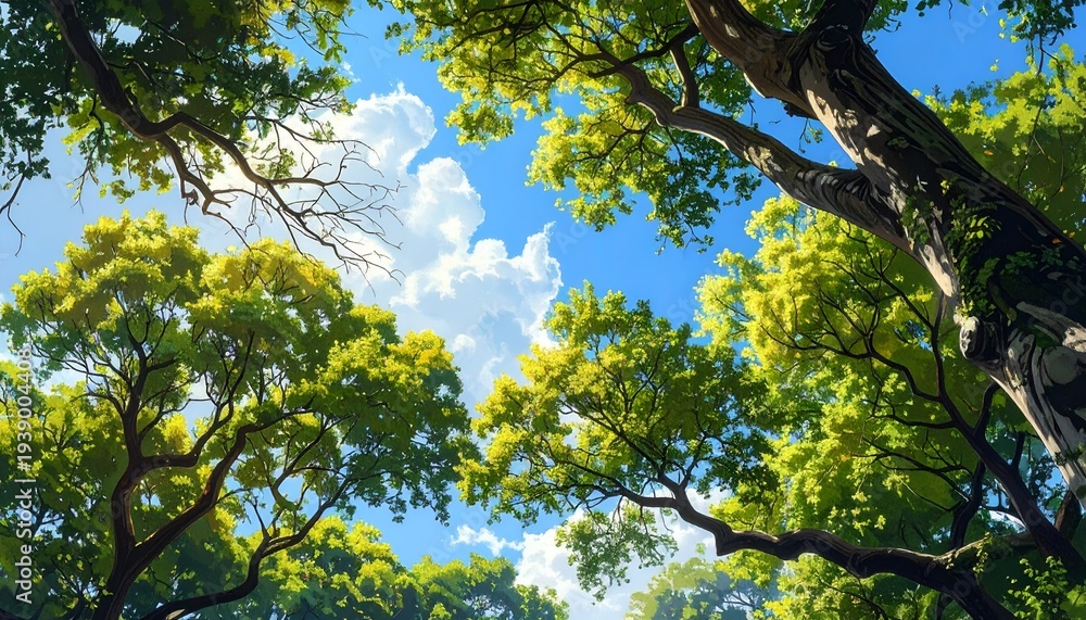 Fototapeta premium Looking up through lush green tree canopy towards a bright blue sky
