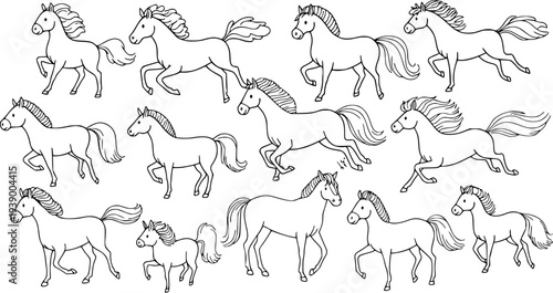 Black and White Line Art Illustration of Various Horses Running and Standing